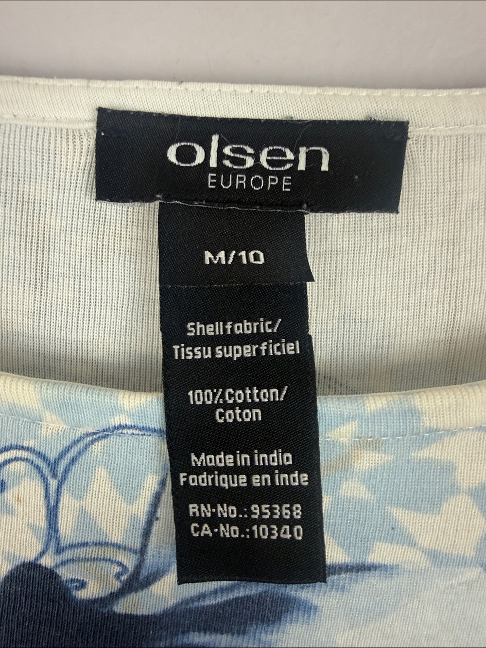 Olsen Europe Cotton Blue Floral Watercolor Embellished 3/4 Sleeve Top Size M 10 - Picture 3 of 13